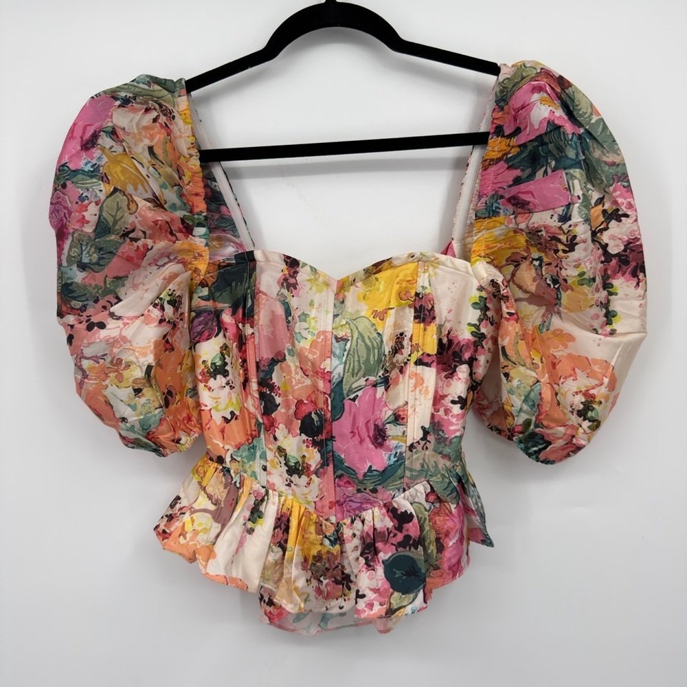 Hemant & Nandita Floral Corset Peplum Top Puff Sleeve Blouse Size S
